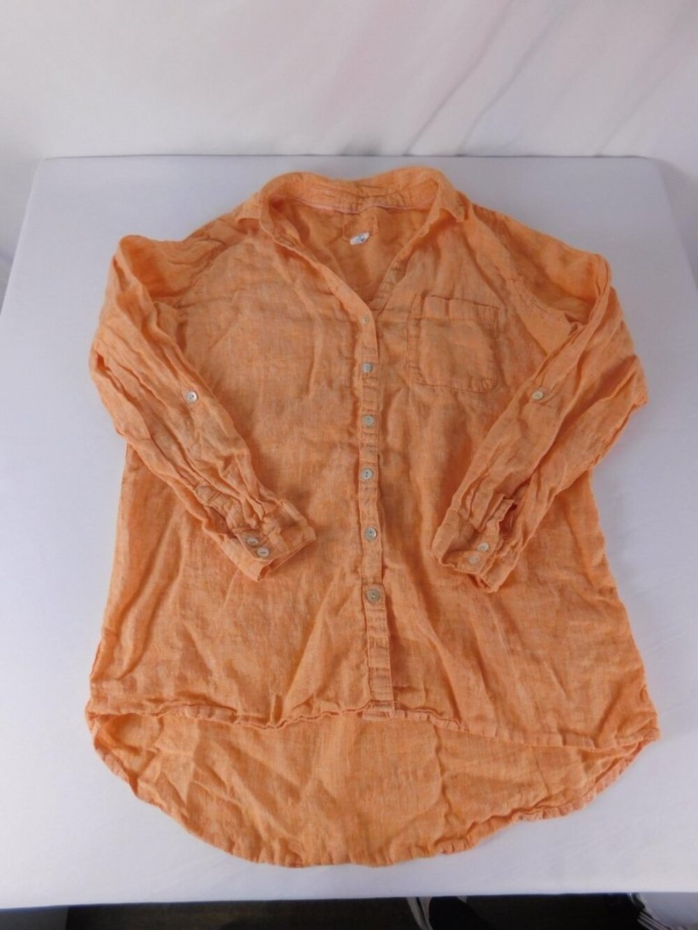 Sigrid Olsen Button-Up Womens M Orange Linen Long Sleeve Tunic Curved Hem Top